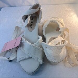 Serra Sandals Cream Espadrille’s Wedge Raw Edge Cloth Ankle Ties 8